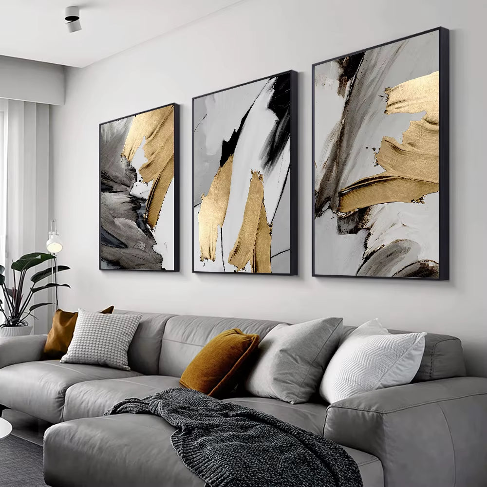3PCS Frameless Luxury Abstract Gray Golden Painting Wall Art Canvas Prints Pictures for Loft Apartment Living Room Home Office