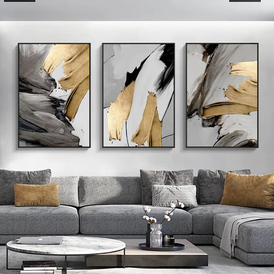3PCS Frameless Luxury Abstract Gray Golden Painting Wall Art Canvas Prints Pictures for Loft Apartment Living Room Home Office