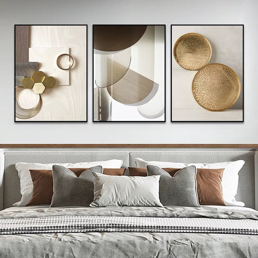 3PCS Frameless Abstract Beige and Gold Geometric Poster Modern Wall Art Pictures Minimalist Canvas Painting for Living Room Home